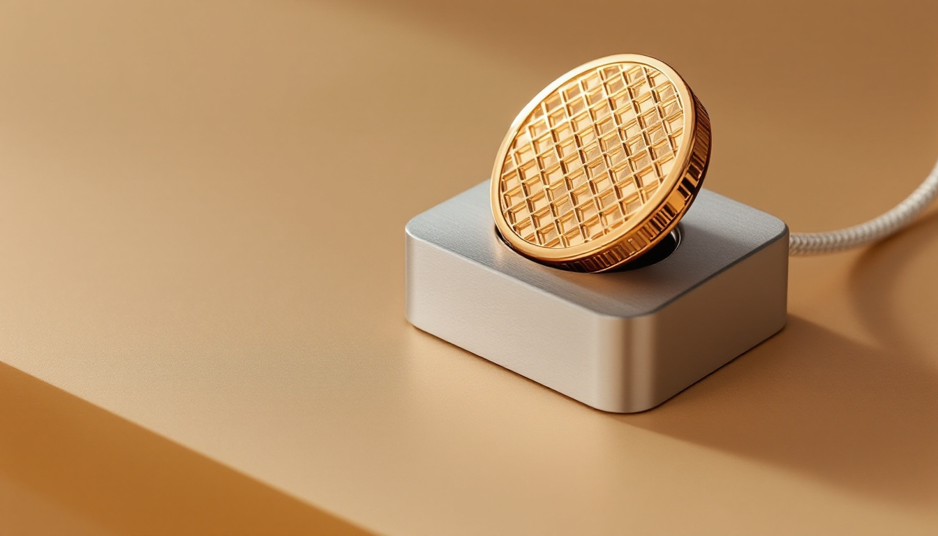 Gitterwürfel-Token in einer Präzisions-Dockingstation aus Aluminium mit Messingkontakten
