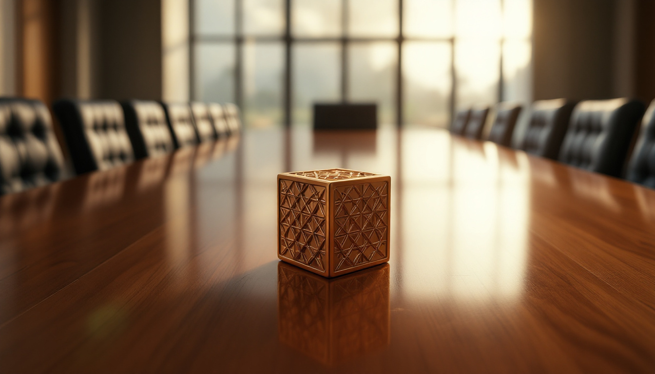 Gitterwürfel-Token auf einem dunklen Boardroom-Tisch im Morgenlicht