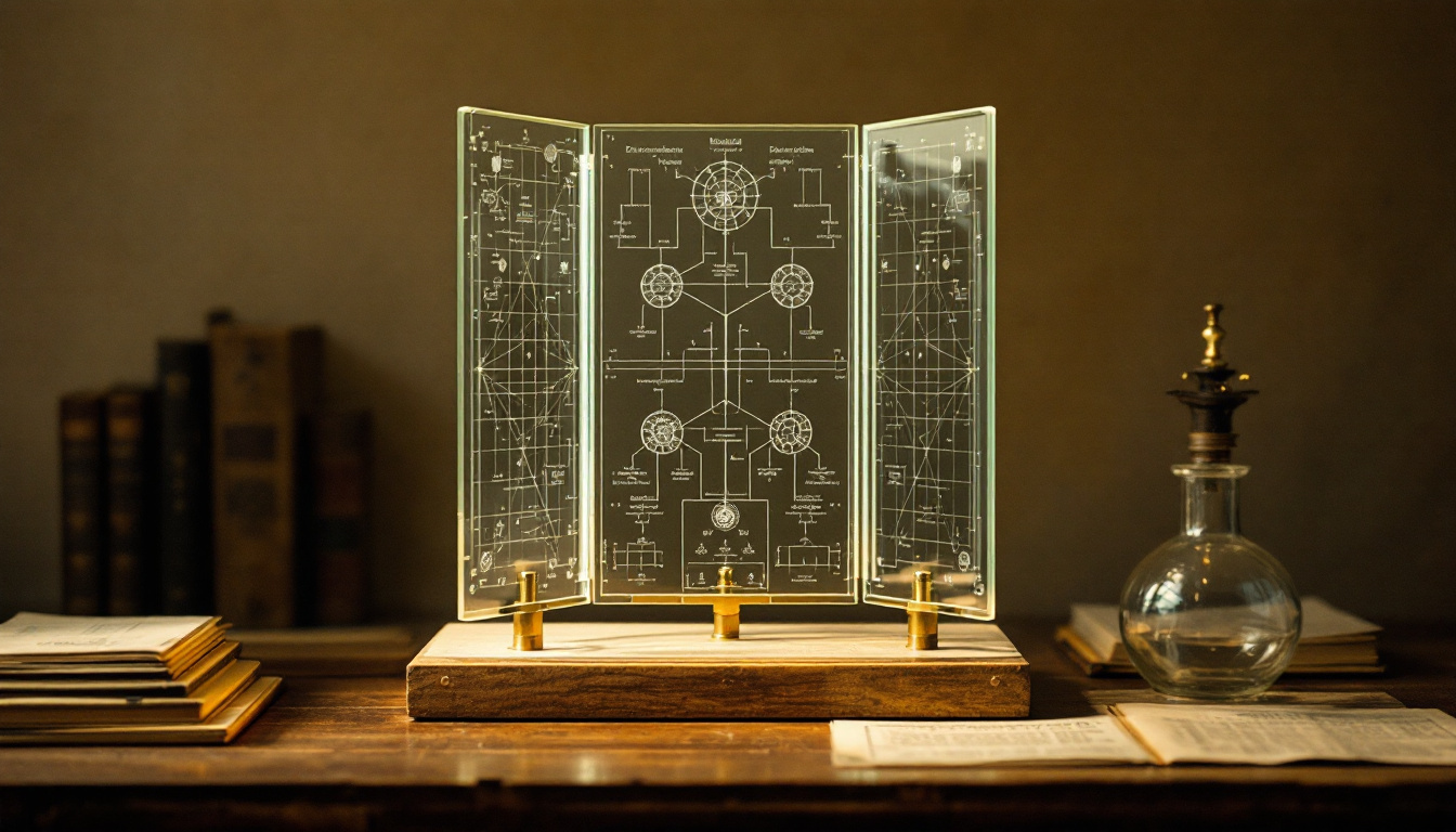 Geschichtete Glasplatten mit gravierten Entscheidungsdiagrammen in einem Messingständer