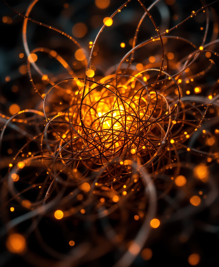 A dense tangle of glowing copper threads — implicit, unretrieved knowledge